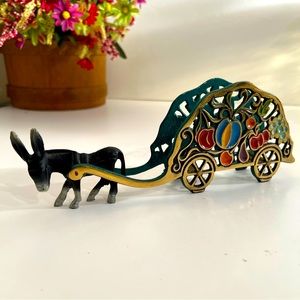 Donkey w/ Colorful Enameled Brass Fruit Cart Napkin Letter Holder.